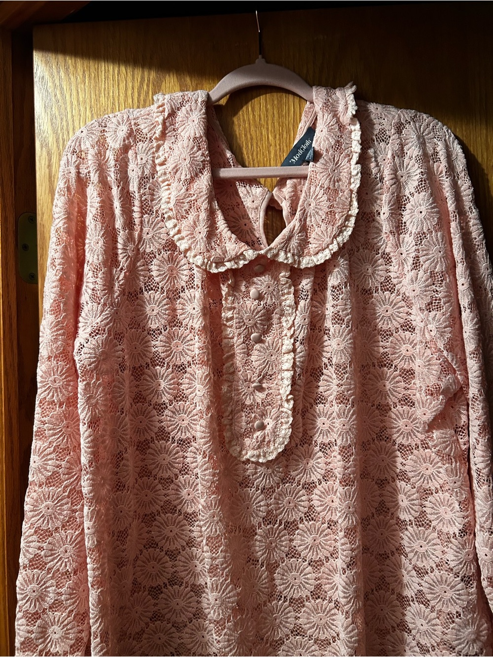 Modcloth Blush Pink Lace Ruffled Collar Blouse